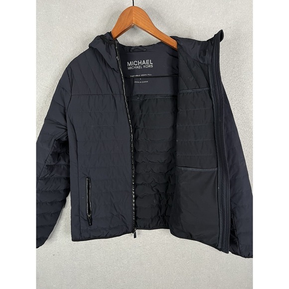 Michael Kors Navy Packable Down Fill Puffer, Fitted Coat w/ Hood- Women's Large - Picture 7 of 9